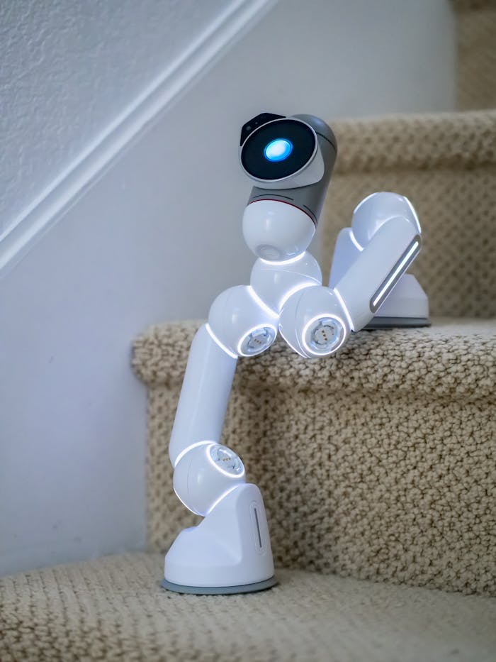 our-story A modern robotic device ascending carpeted stairs in an indoor setting.