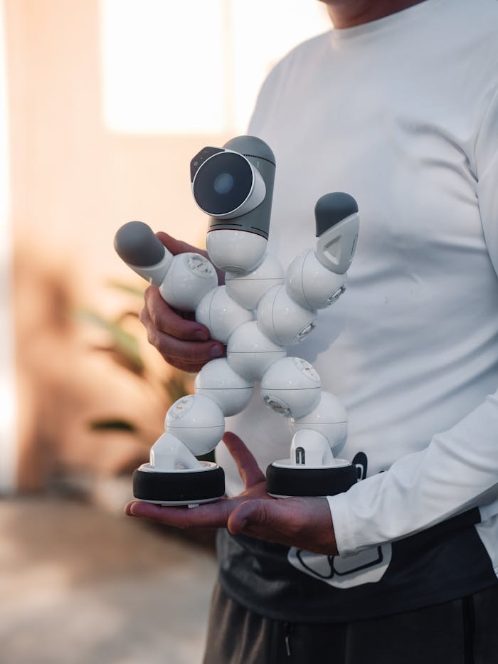 gallery-02 A person in white long sleeves holding a futuristic humanoid robot indoors.